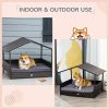 Wicker Dog Bed Outdoor, with Rattan Canopy, Elevated & Cushioned PE Rattan Dog / Cat House with Sleeping Pad, Gray