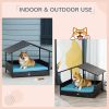 Elevated Wicker Dog House Indoor Outdoor Raised Rattan Bed Blue Removable Cushion